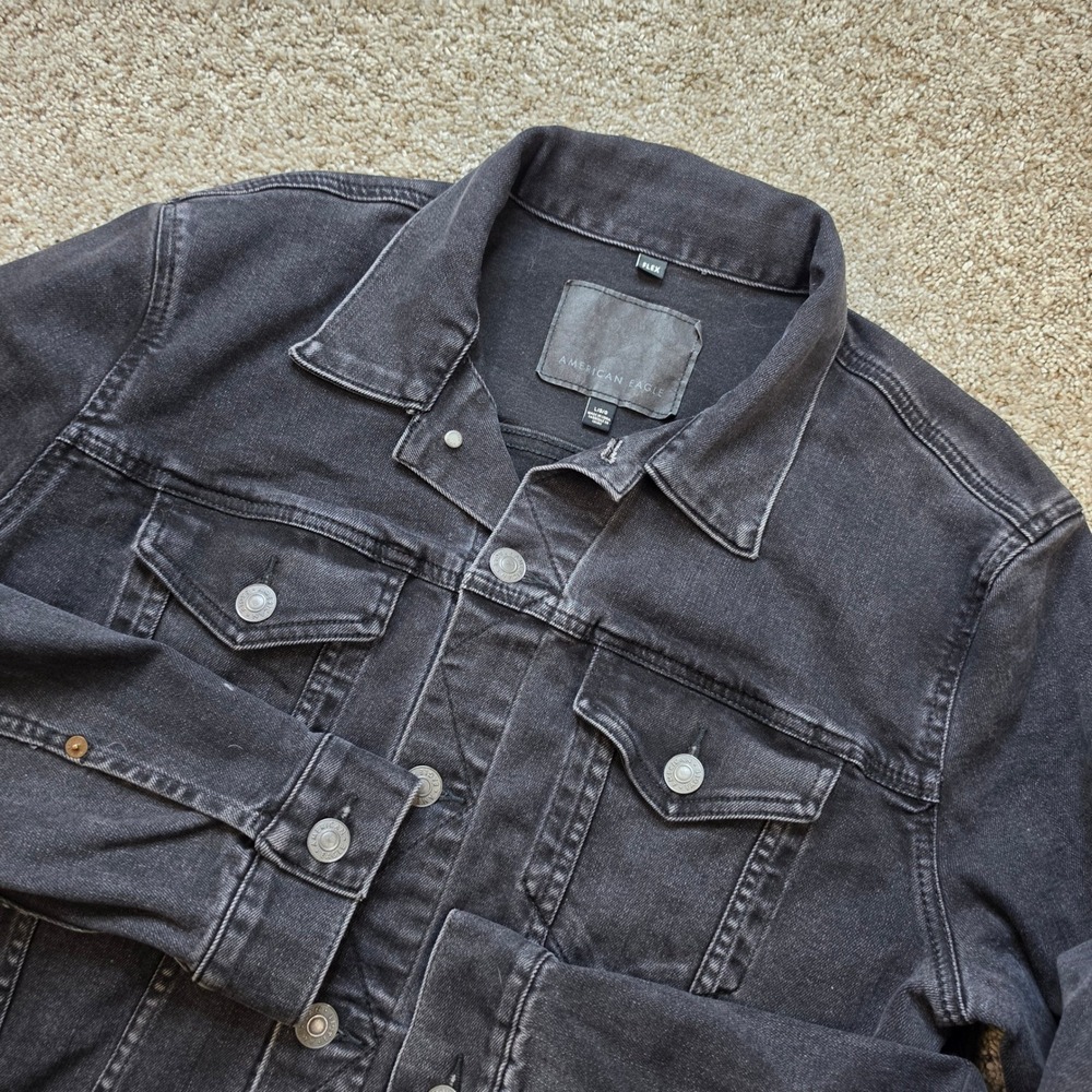 American Eagle Denim Jacket Mens Large Black Flex Stretch Trucker Coat Casual